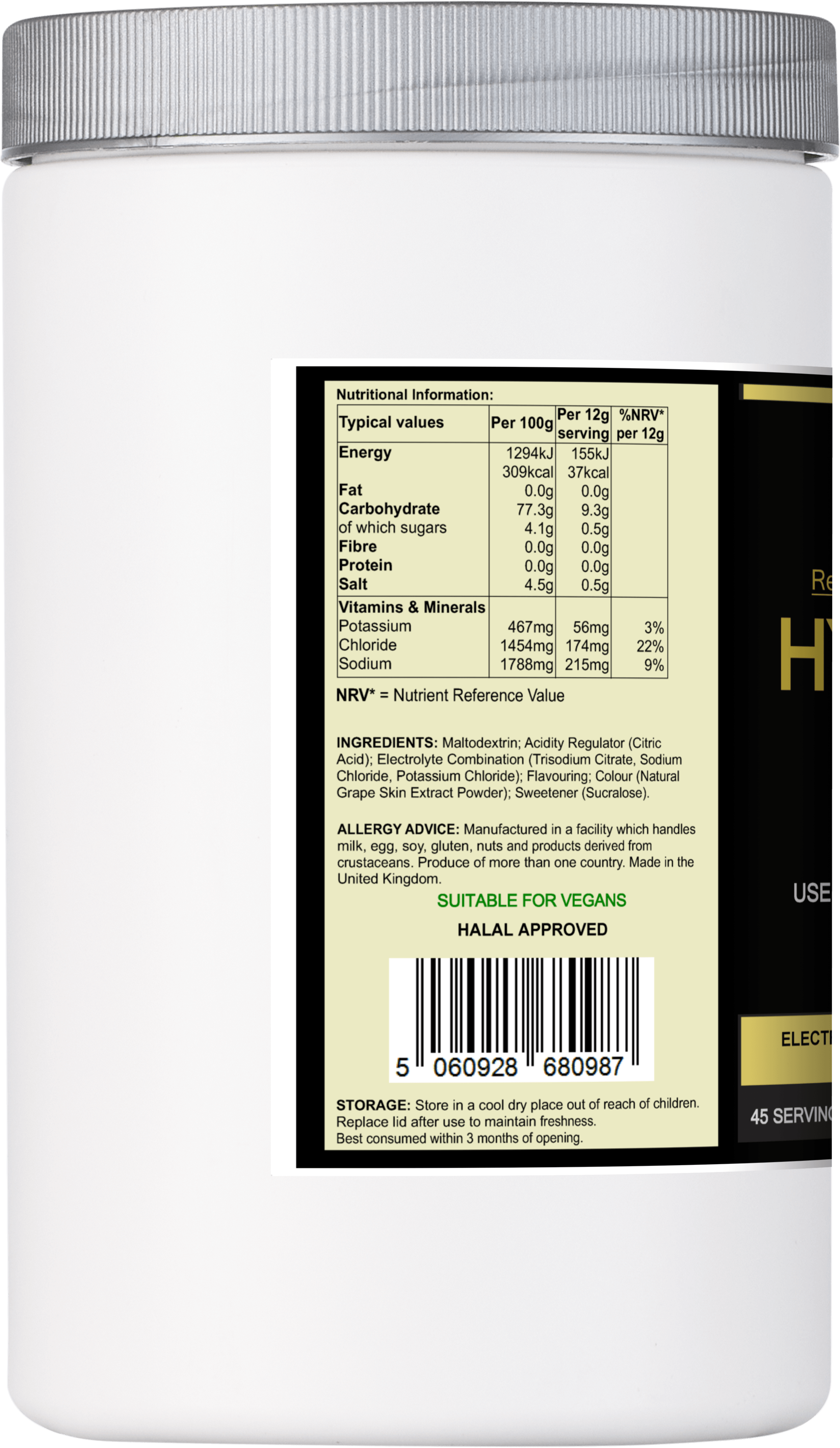 Hydrate & Perform active lifestyle hydration supplement container with nutrition label and ingredients.