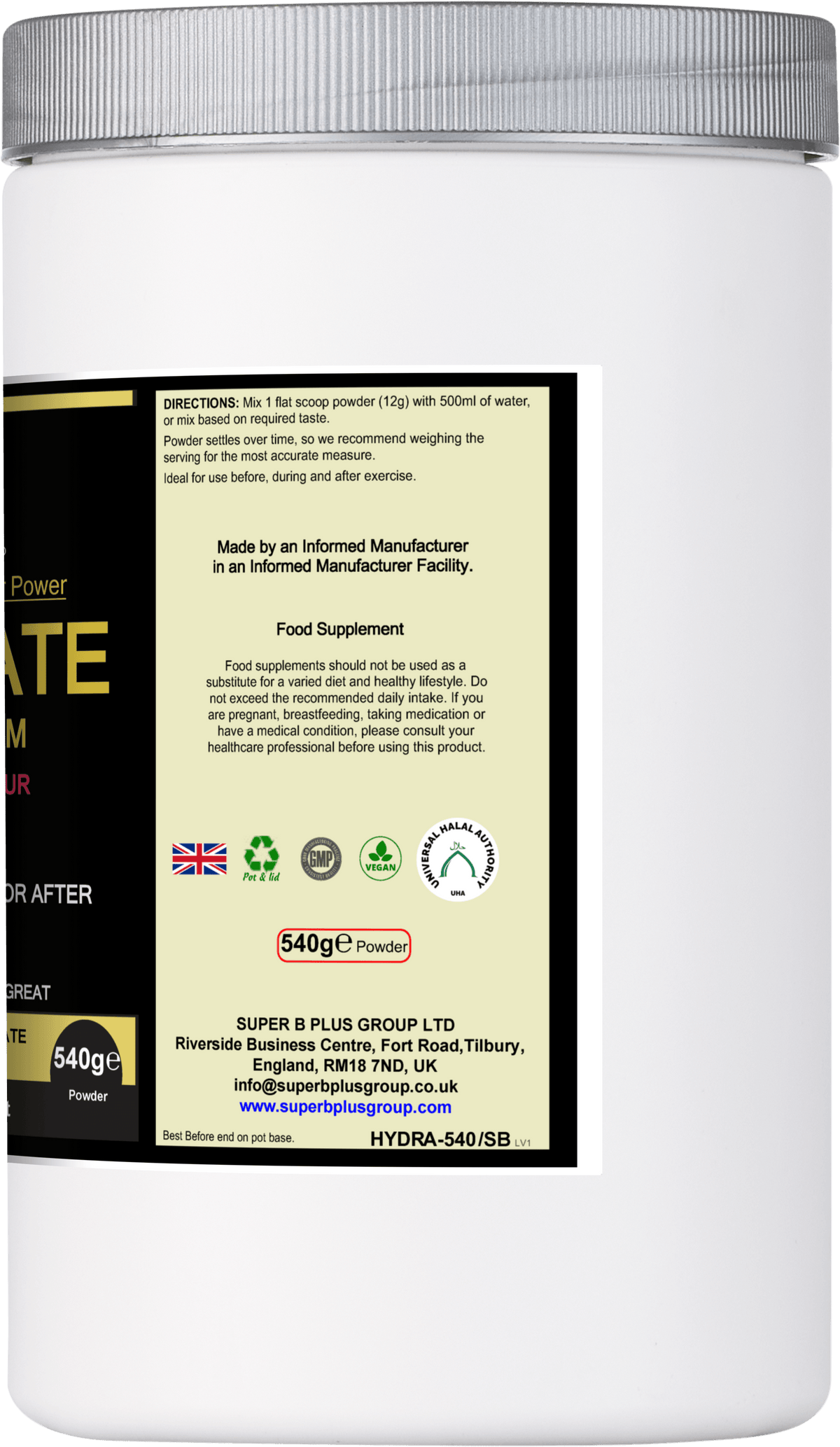 Hydrate & Perform active lifestyle hydration supplement container with label and instructions for use.