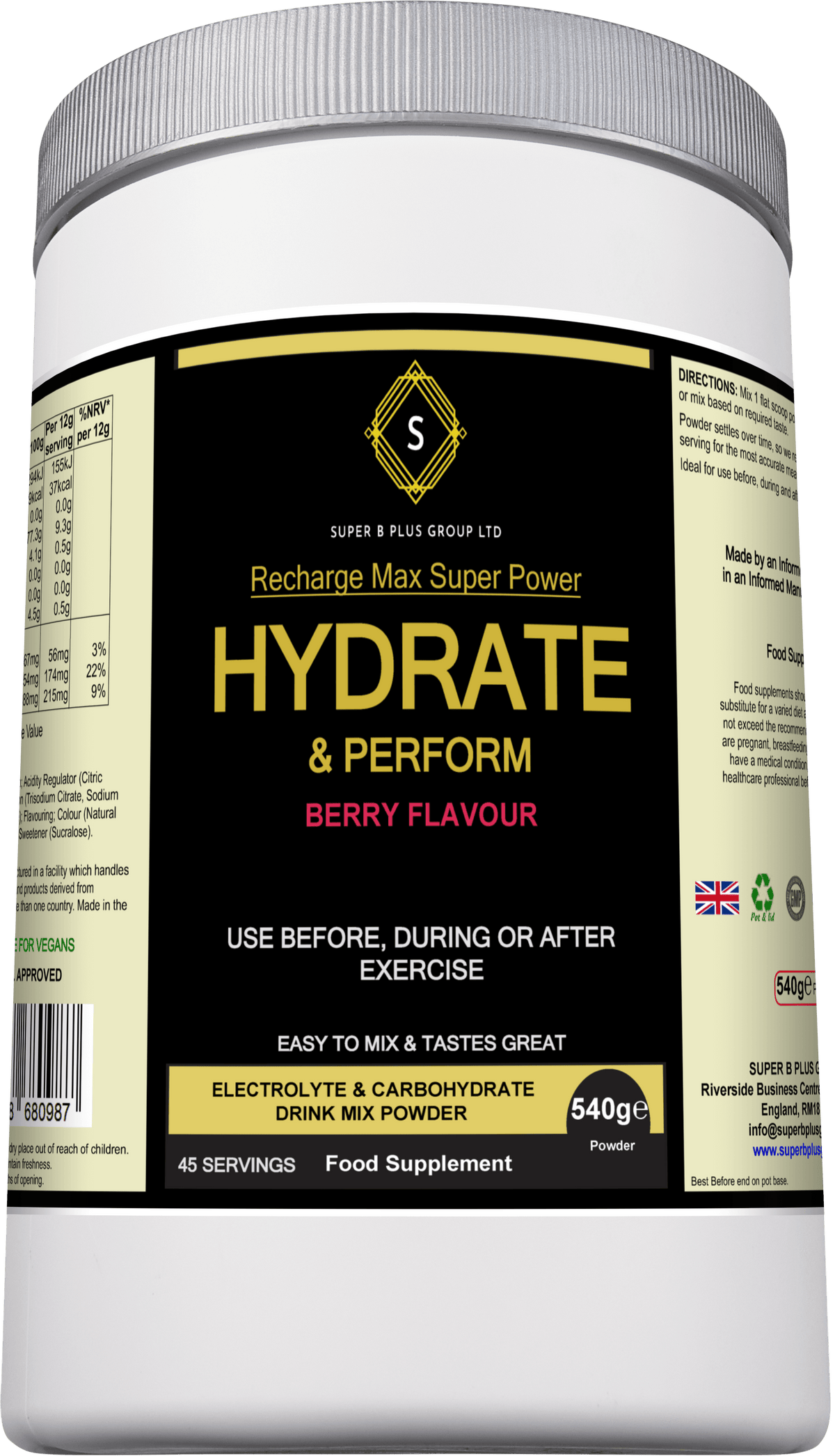 Hydrate & Perform berry flavour electrolyte and carbohydrate drink mix powder for active lifestyle hydration supplement.