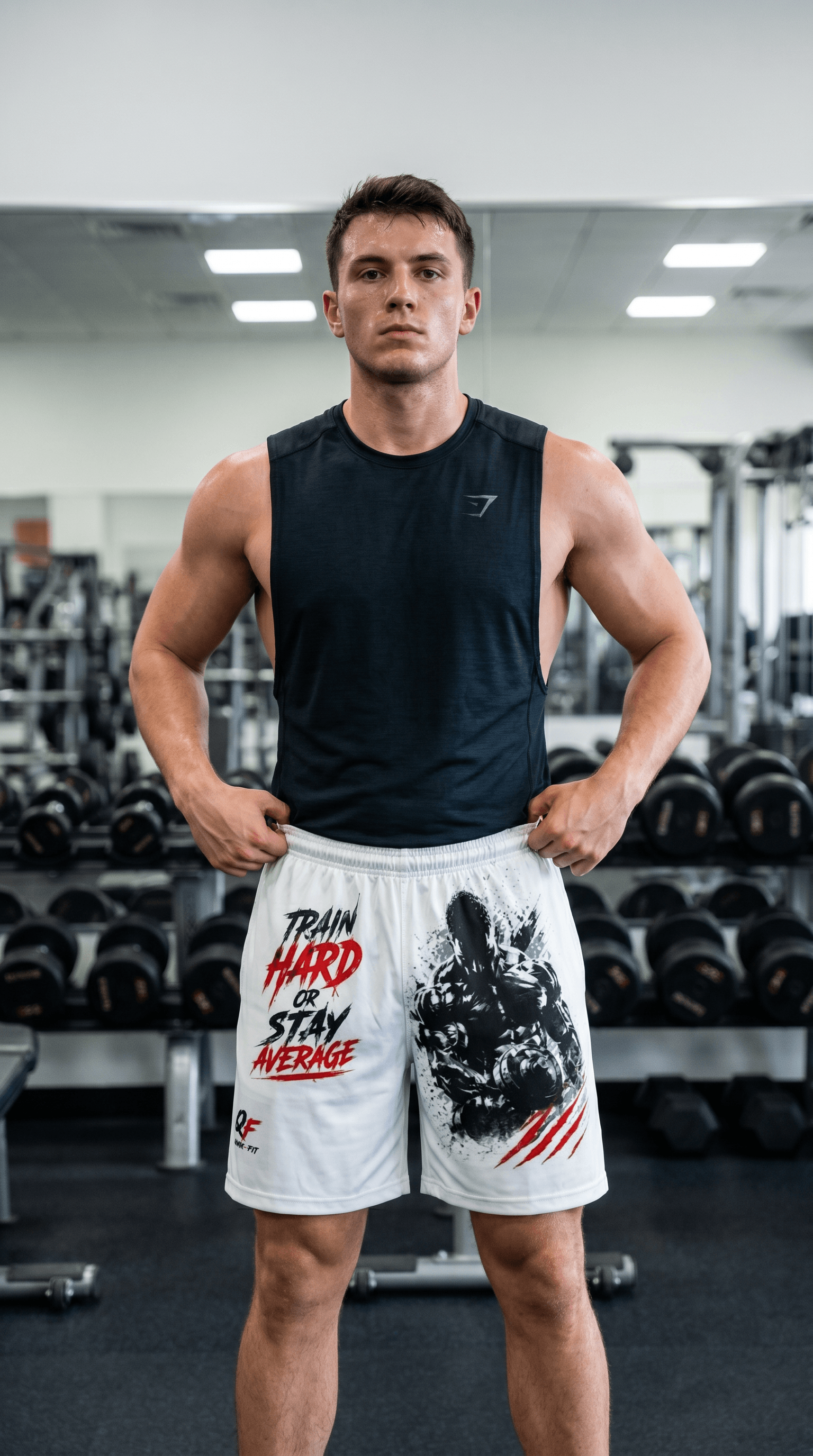 Model wearing all-over print basketball shorts in gym, showcasing comfort and style for workouts.