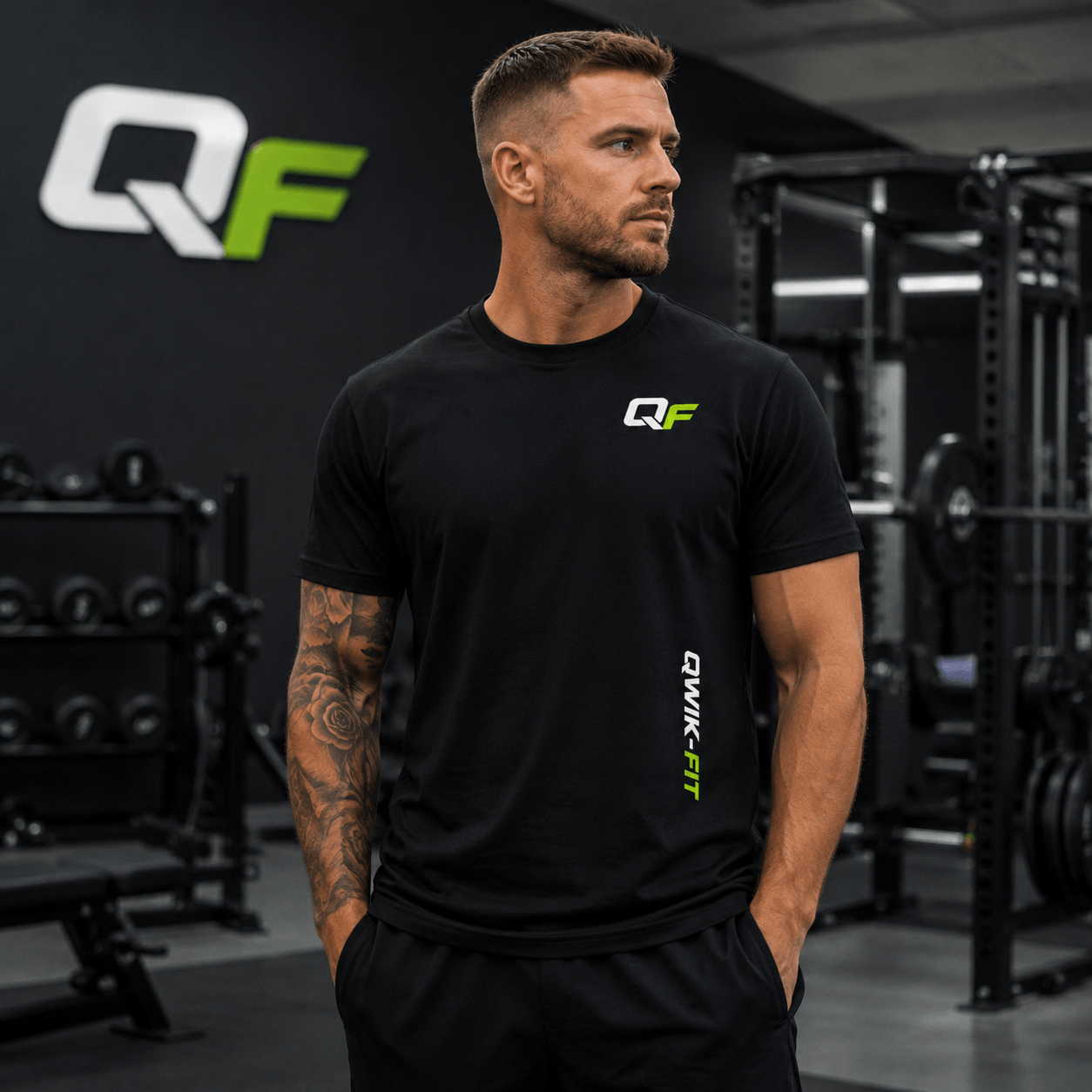 Black Unisex Classic Workout T-Shirt in a gym setting, perfect for active wear and casual use, featuring unisex workout t-shirt.