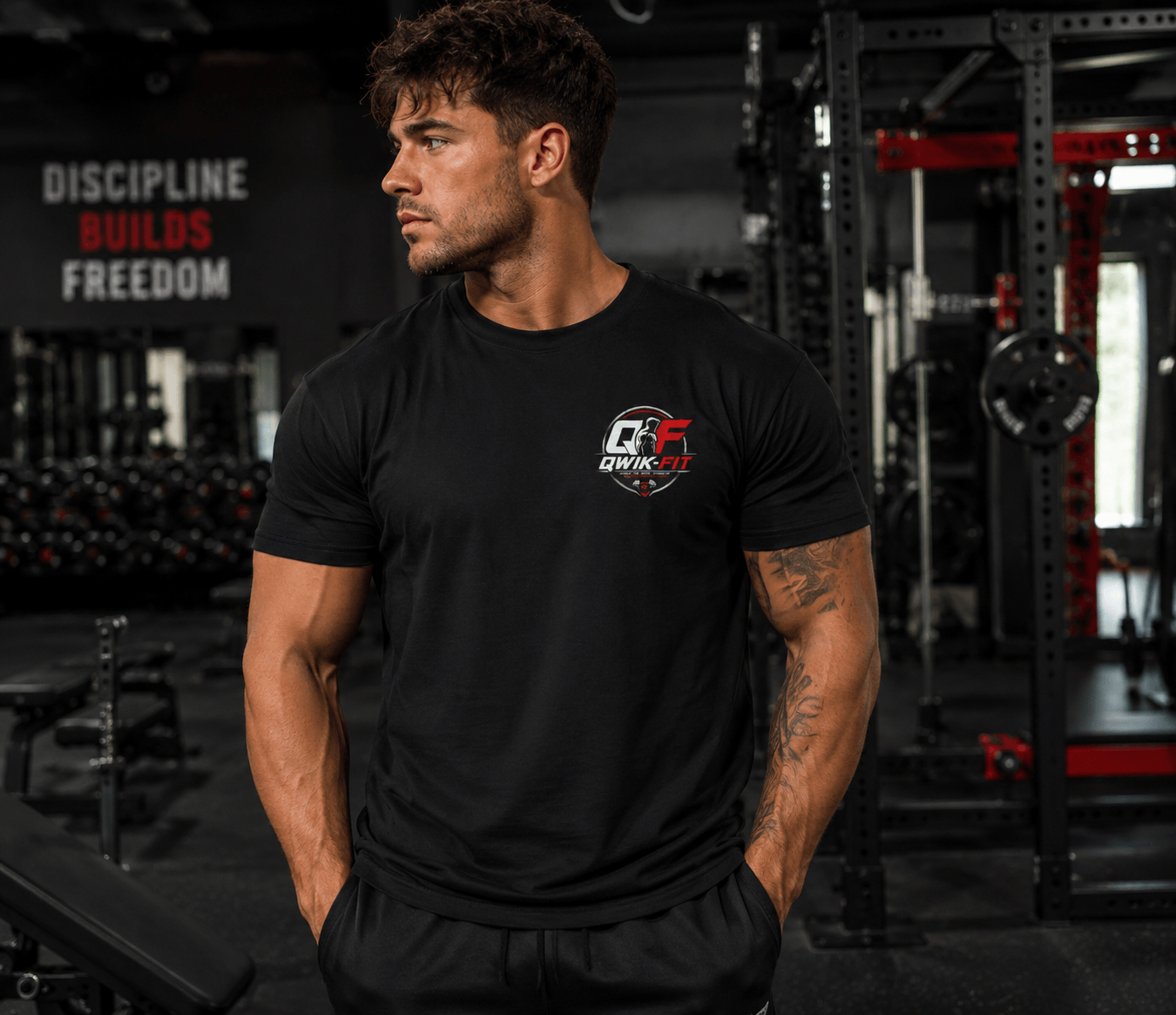 Man wearing Champion fitness t-shirt in gym, showcasing the Qwik-Fit logo and perfect for workouts and casual wear.