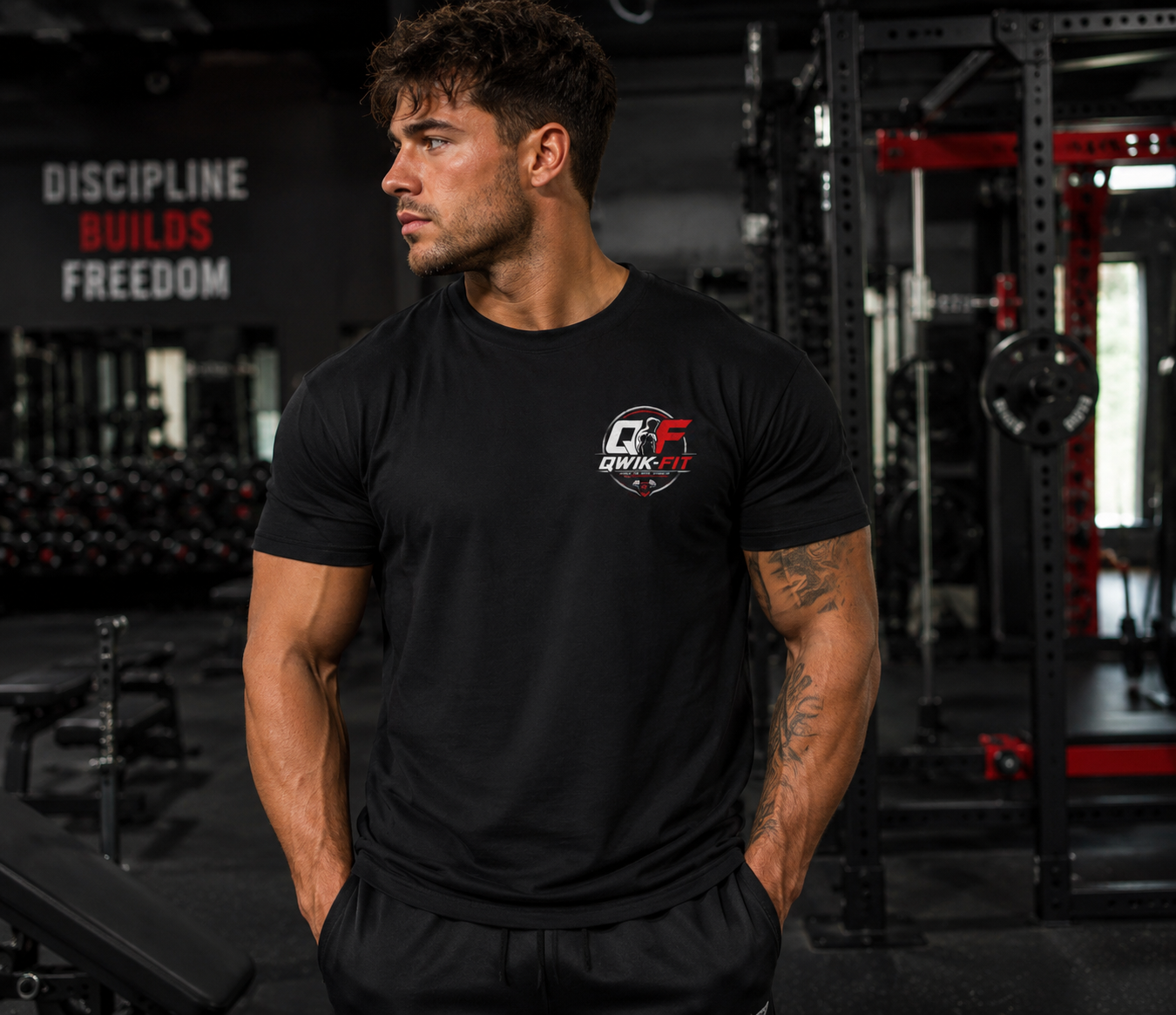 Man wearing a black Qwik-Fit t-shirt in a gym setting, showcasing fitness and style.