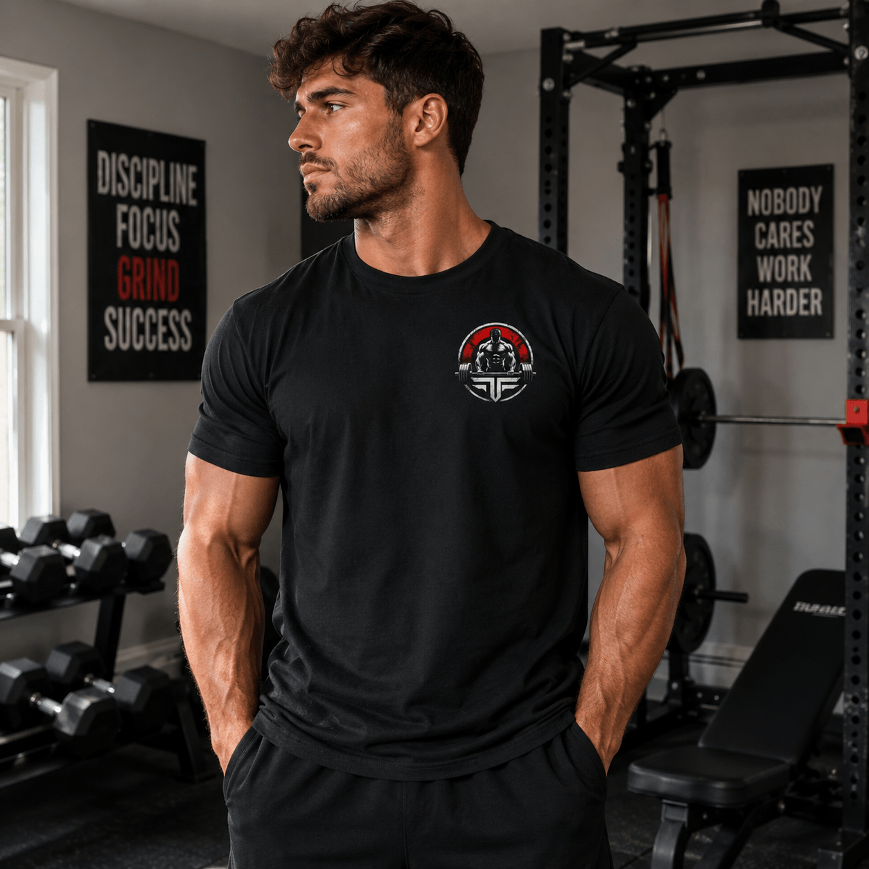 Man wearing a Champion cotton workout t-shirt in a gym setting, showcasing its comfort and fit for workouts.
