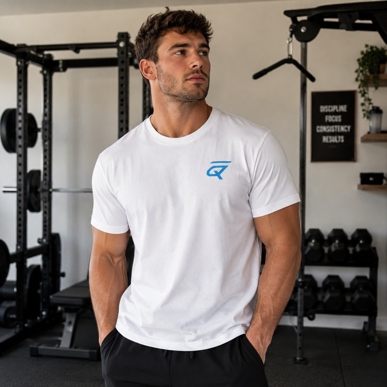 Durable lightweight cotton-poly t-shirt worn by a model in a gym setting, showcasing its classic fit and smooth print surface.