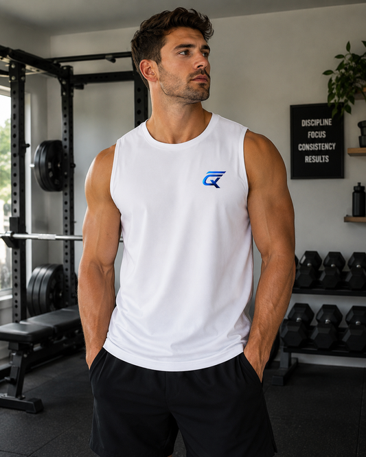 Man wearing a comfortable muscle tank top in a gym setting, showcasing fitness style and comfort.