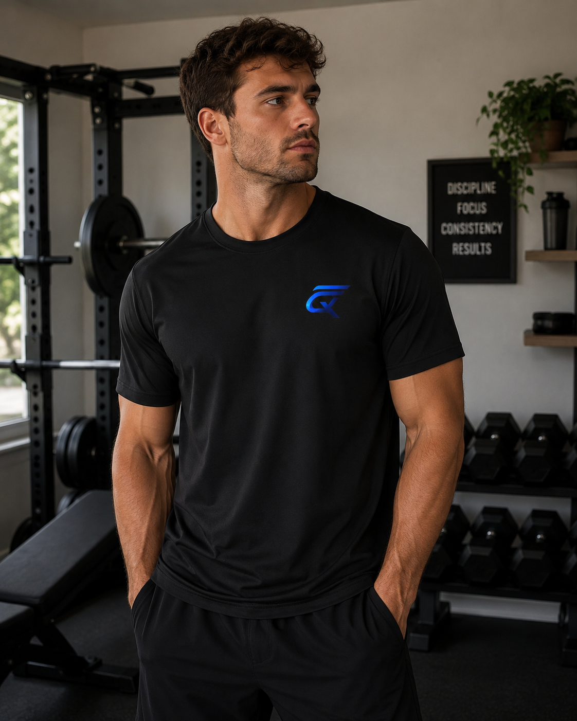 Man wearing black Sport-Tek PosiCharge competitor tee, showcasing athletic fit in gym setting.