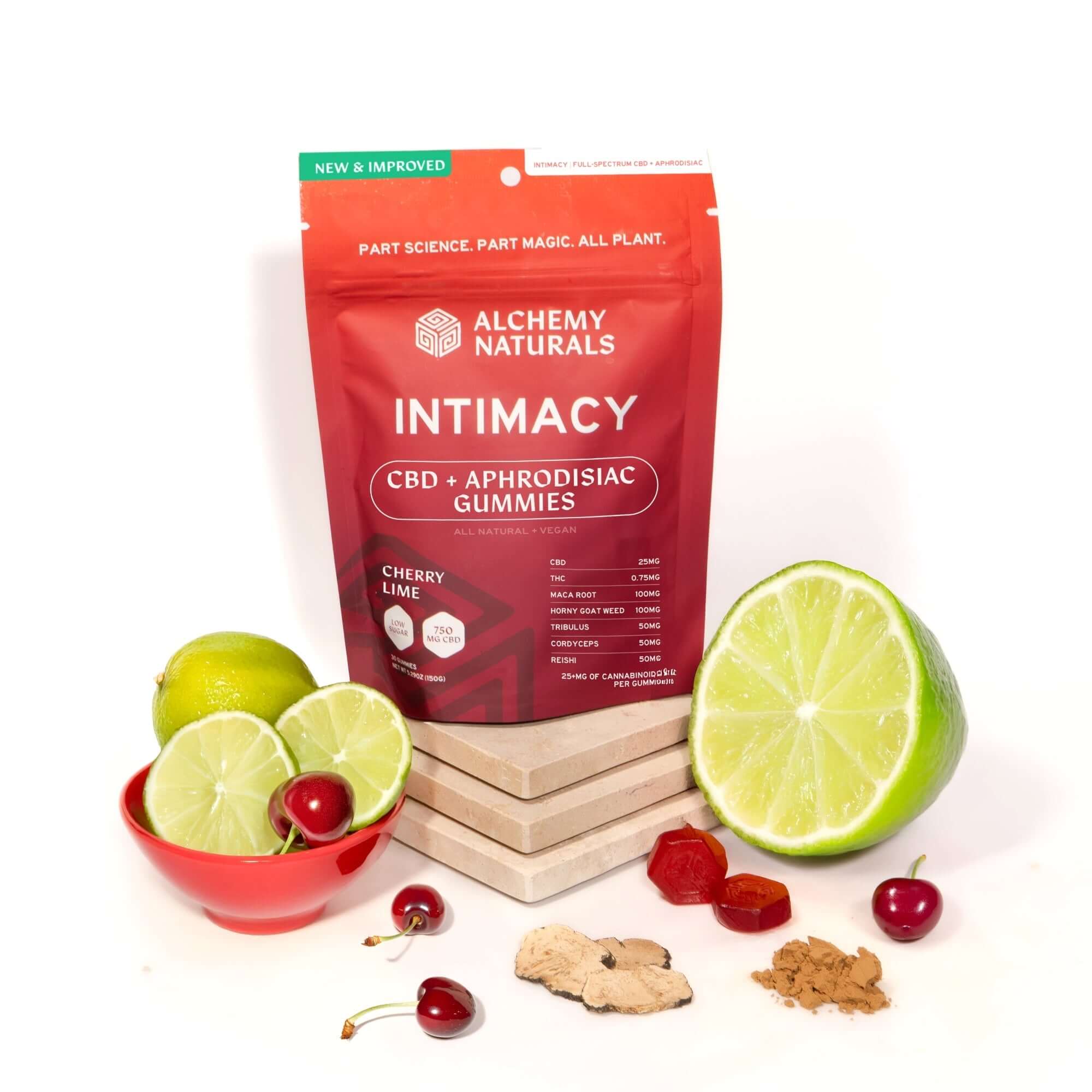 6-Pack Intimacy CBD supplement pack with Cherry Lime gummies, Maca, Horny Goat Weed, and Reishi.