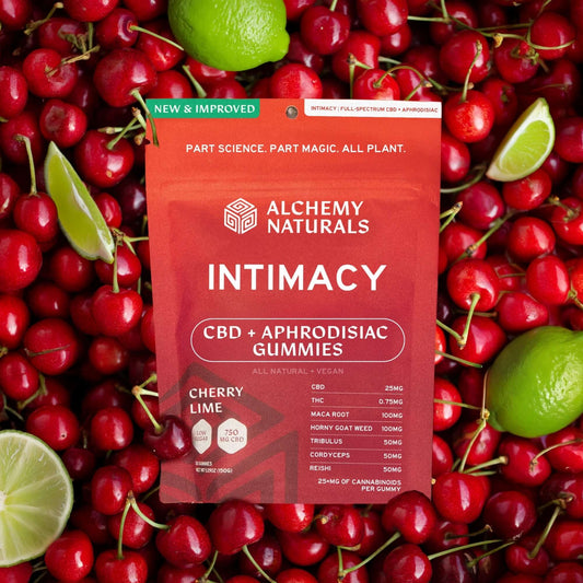 6-Pack: New Intimacy CBD Supplement Pack featuring cherry lime gummies and herbal ingredients.