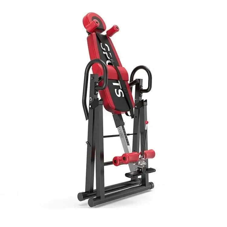 Back pain relief inversion table in red and black design for home workouts and fitness routines.