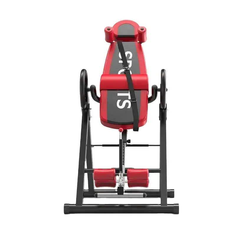 back pain relief inversion table in red and black design suitable for home workouts and physical therapy.