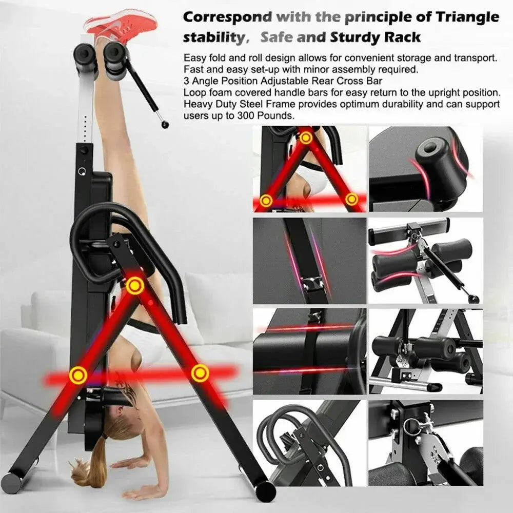 Inversion Table for Back Pain Relief and Fitness with adjustable bars and sturdy steel frame design for stability.