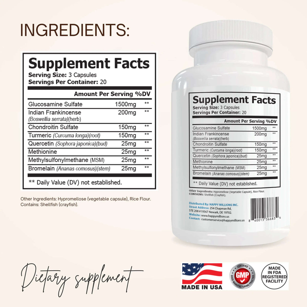 Supplement facts for Jointspark home workout dietary supplement, showcasing ingredients and dosages.