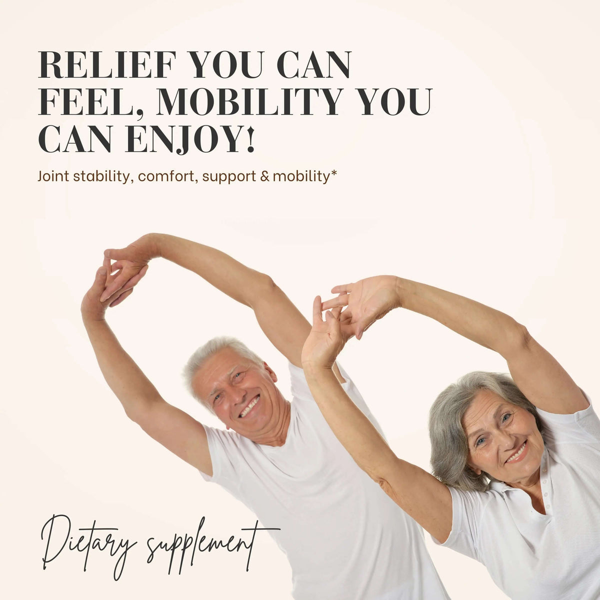 Older couple enjoying stretching exercises with joint stability, using a home workout dietary supplement.