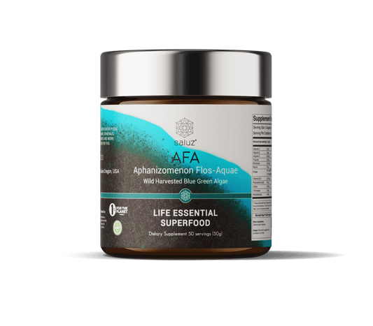 AFA Wild Harvested Blue Green Algae supplement by Saluz in a 50g jar, featuring product label details and nutritional information.