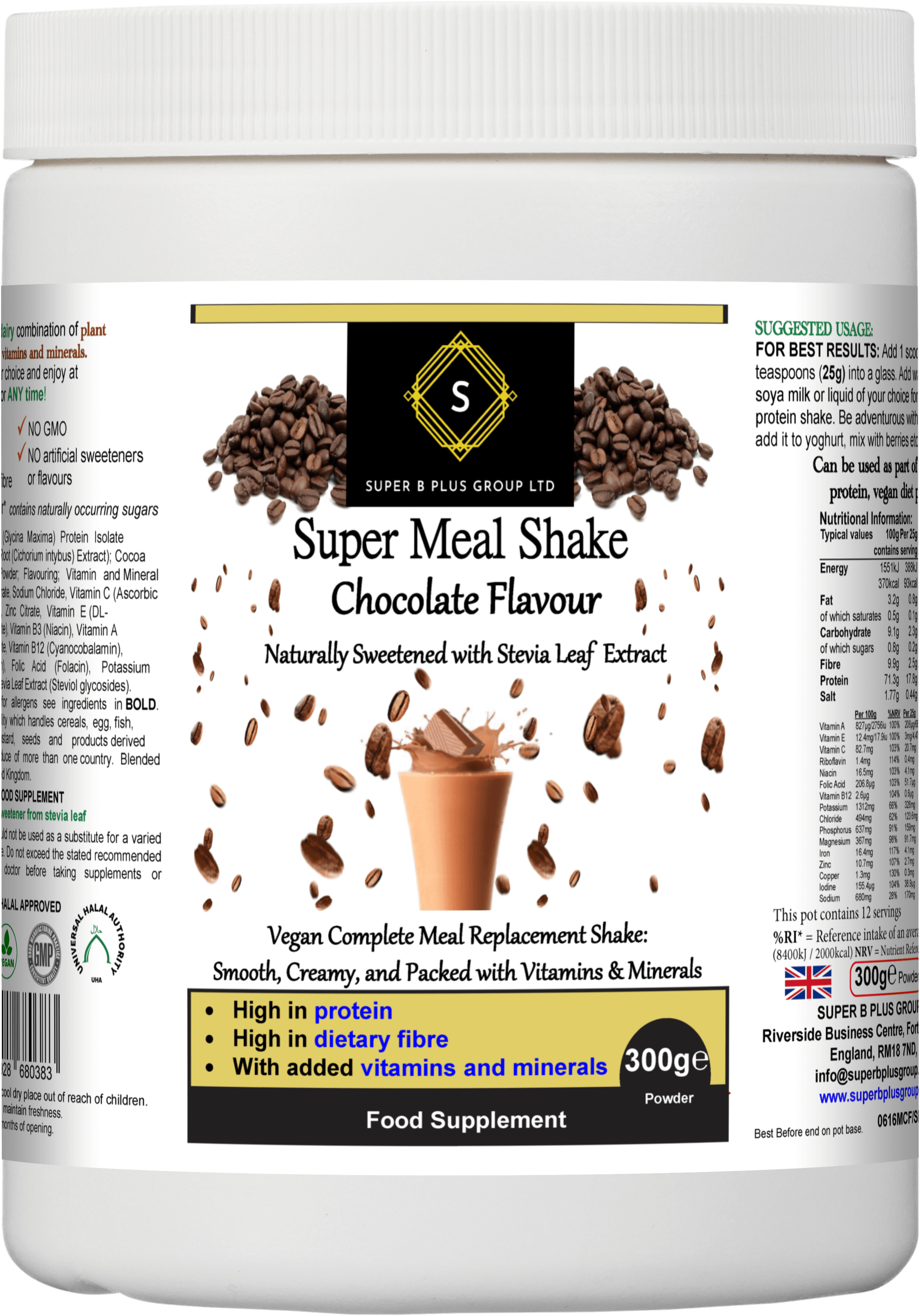 Super Meal Shake (Chocolate Flavour) container with chocolate and coffee beans. Chocolate super meal shake for nutritious meals.