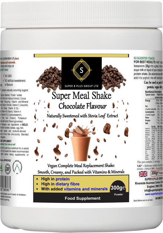 Super Meal Shake (Chocolate Flavour) container with chocolate and coffee beans. Chocolate super meal shake for nutritious meals.