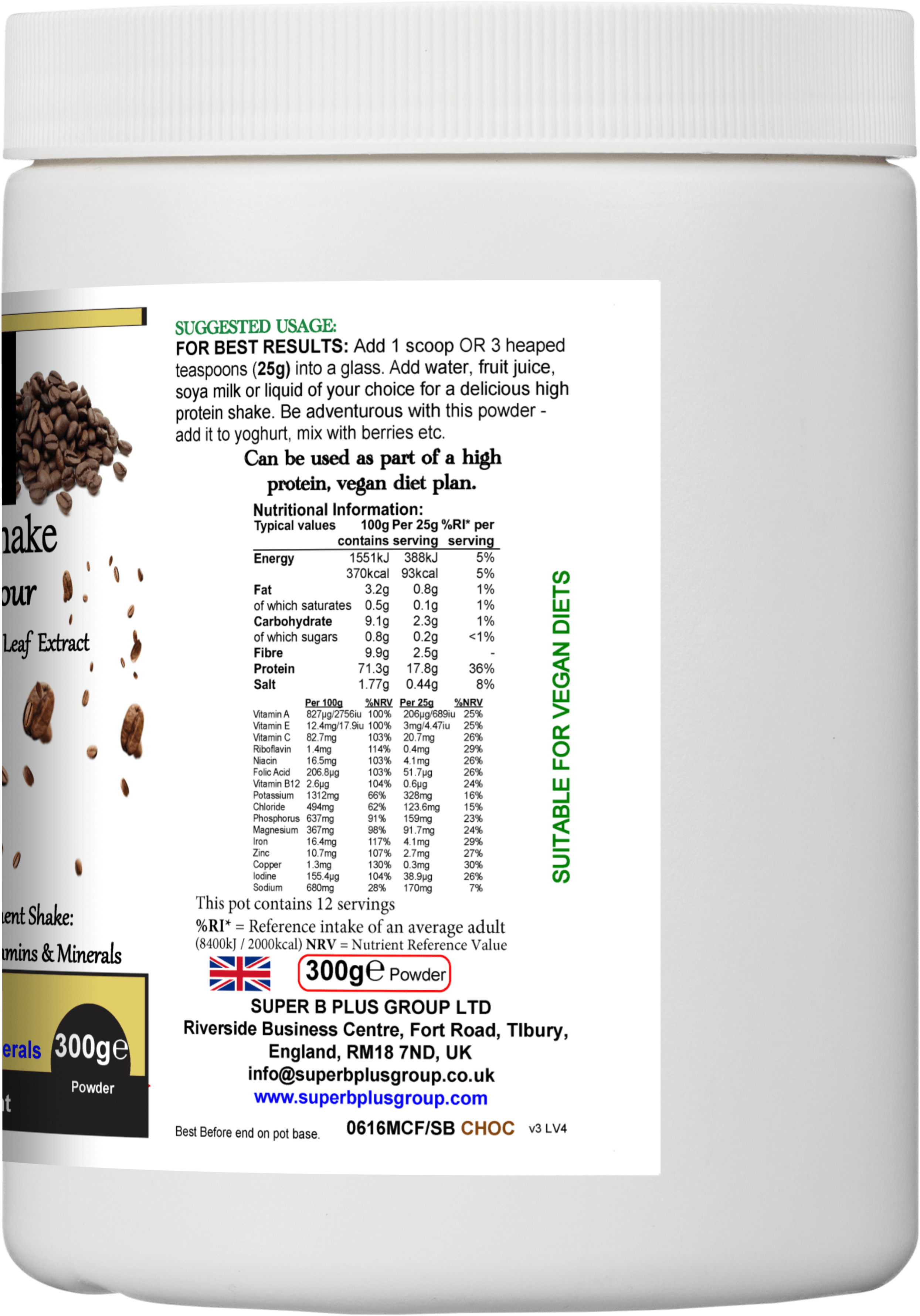 Super Meal Shake (Chocolate Flavour) container with product information for chocolate super meal shake.