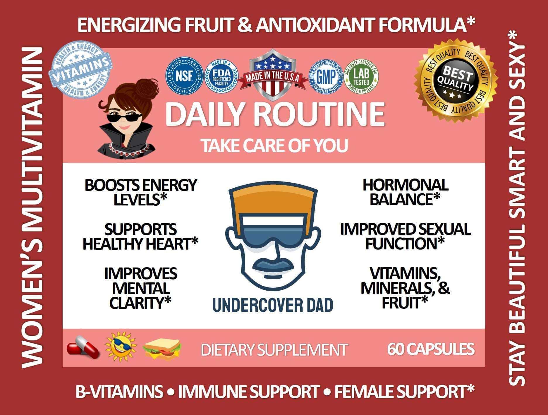 Daily Routine women’s multivitamin for active lifestyle boosts energy and supports healthy heart and hormonal balance.