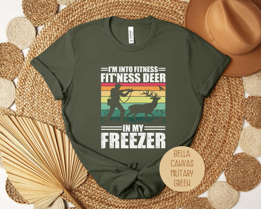 Funny hunting fitness shirt in military green featuring a deer and outdoor theme, perfect for casual wear.