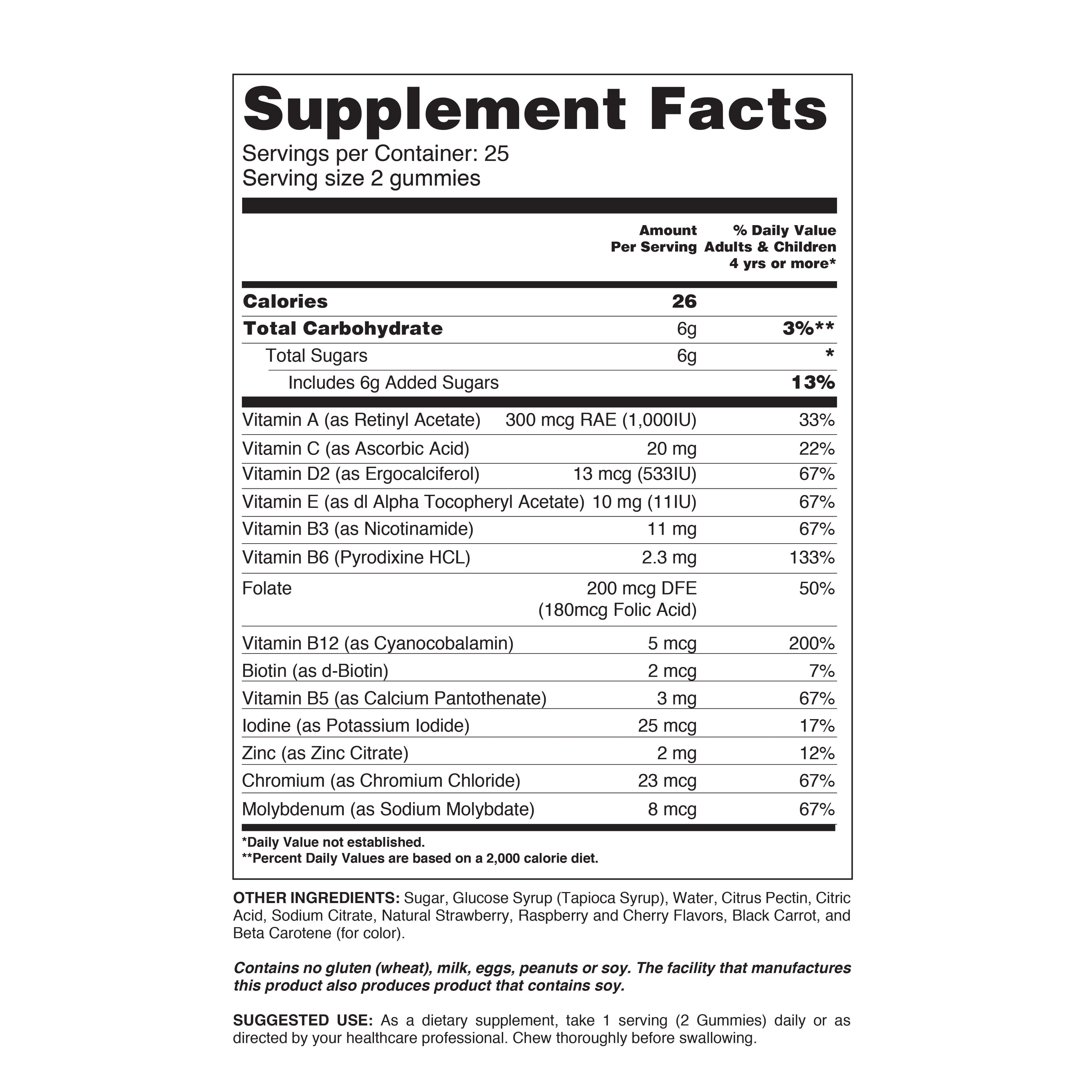Supplement facts label for daily multivitamins for men, detailing ingredients and nutritional information.