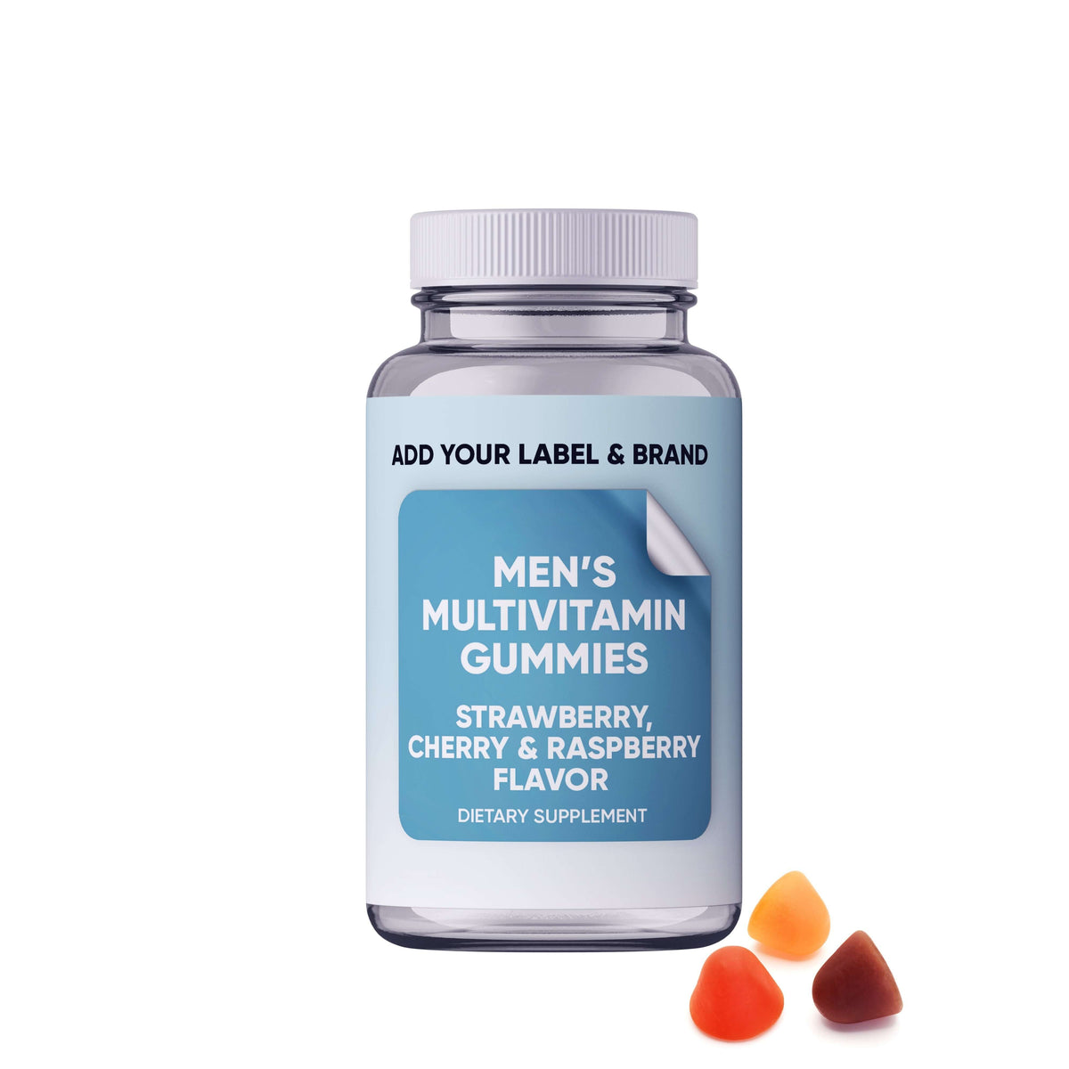 Men's Multivitamins gummies in strawberry, cherry & raspberry flavor, daily multivitamins for men in a bottle.