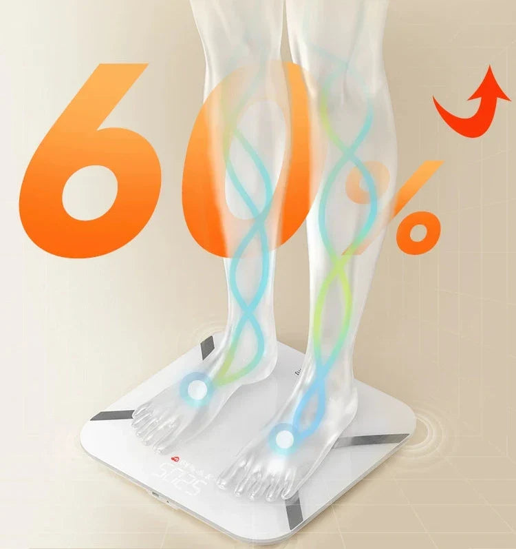 Bluetooth body fat scale for weight loss displaying body measurement progress of 60%.
