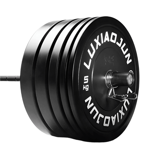 D Series black rubber barbell plates 150kg with glossy textured edges for home workouts.