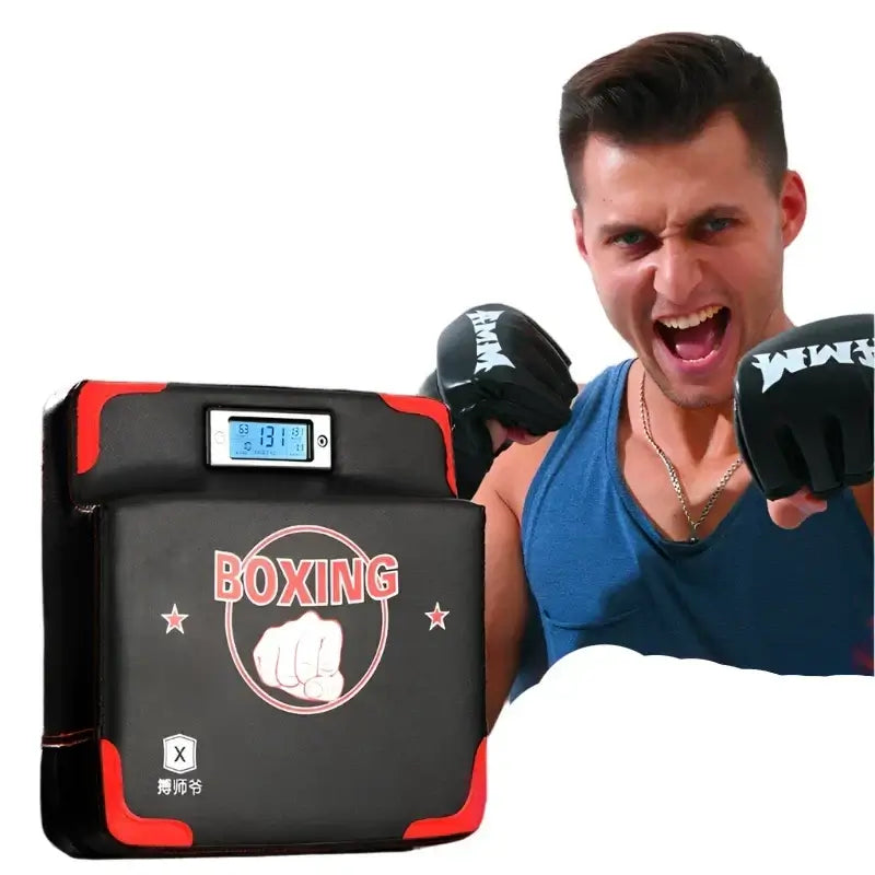 Boxing Punch Force Tester showcasing voice-enabled thickened gauge and user demonstrating boxing technique.