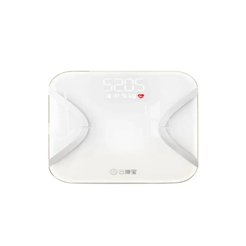 Rechargeable body fat scale for weight loss with Bluetooth and Wi-Fi functionality shown on display.