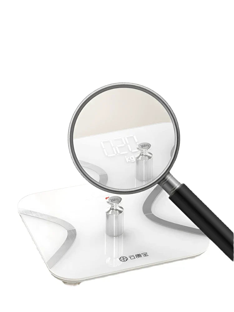 Rechargeable body fat scale for weight loss with Bluetooth and Wi-Fi, displayed under a magnifying glass.