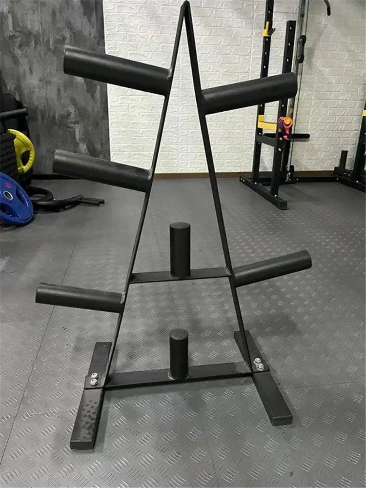 Heavy-duty barbell plate rack designed for Olympic weight storage in home gyms.