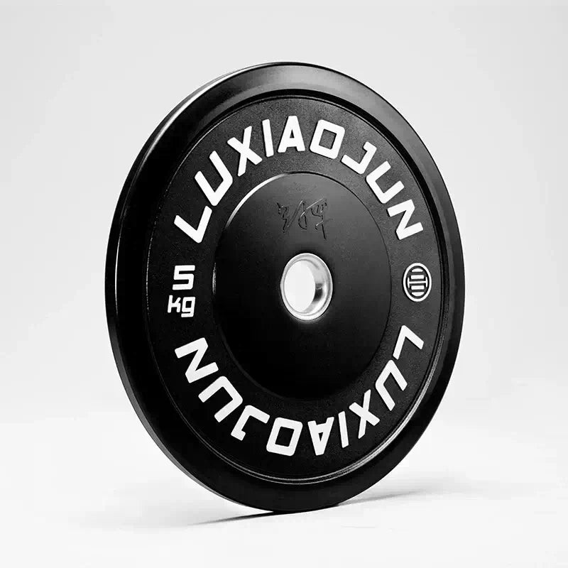 Luxiaojun 5kg black rubber barbell plate for strength training and weightlifting.
