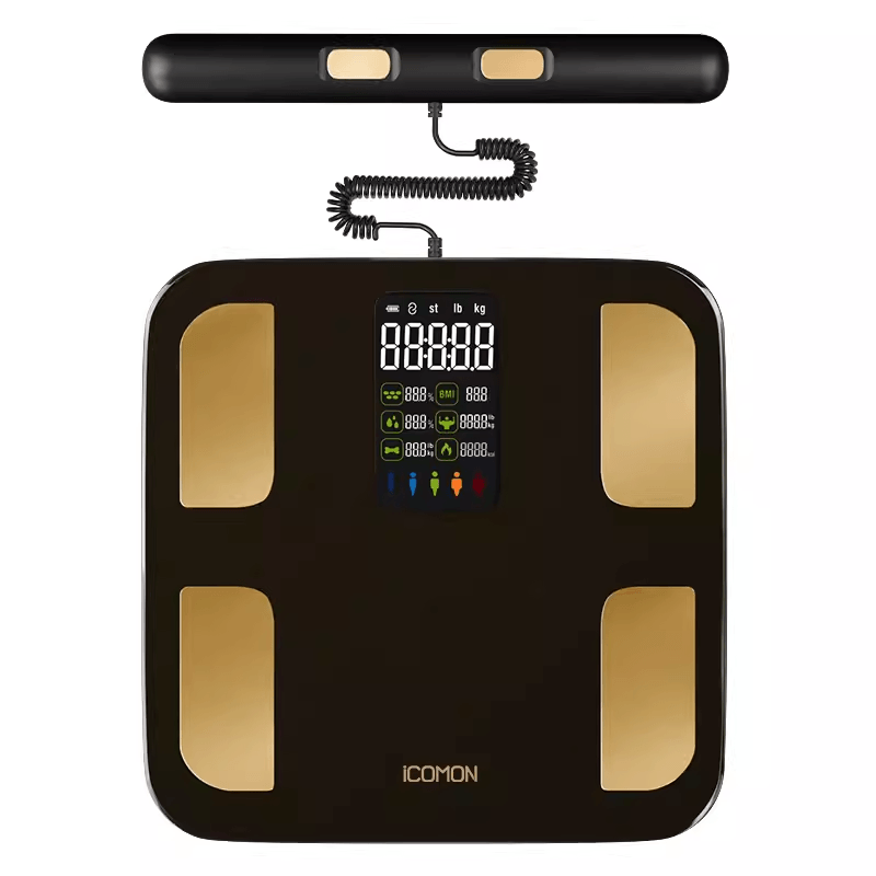 eight-electrode body fat scale with skipping rope in dark night black finish showcasing digital display and sleek design.