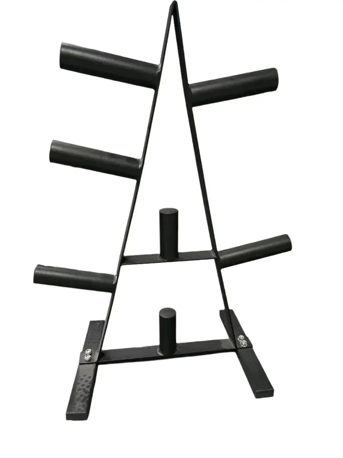 Heavy-duty barbell plate rack for efficient weight storage in home or gym workouts.