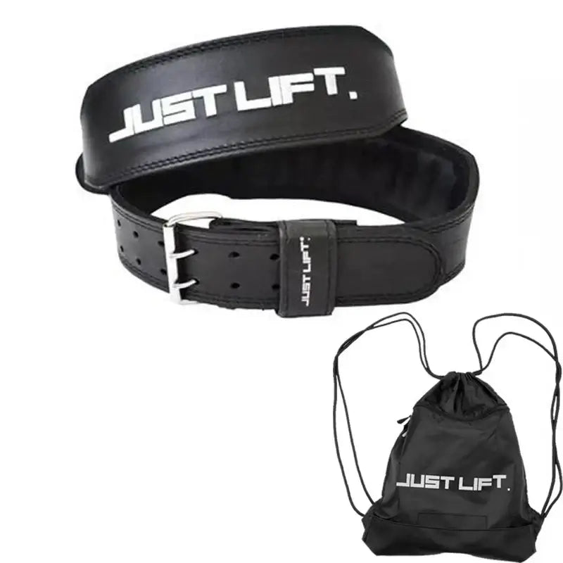 Panda Leather Powerlifting Belt with Just Lift branding and matching gym bag, premium cowhide powerlifting belt.