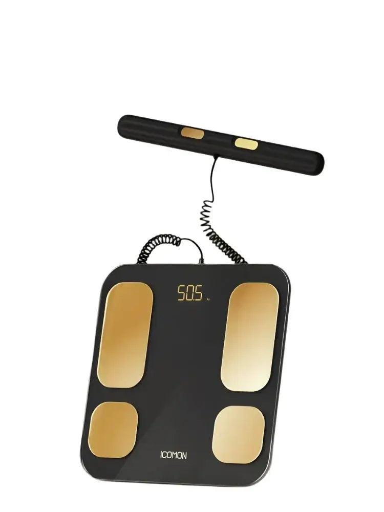 eight-electrode body fat scale with skipping rope showing black design and digital display.