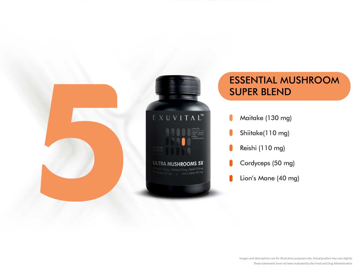 Ultra Mushrooms 5X dietary supplement bottle with essential mushroom super blend ingredients.