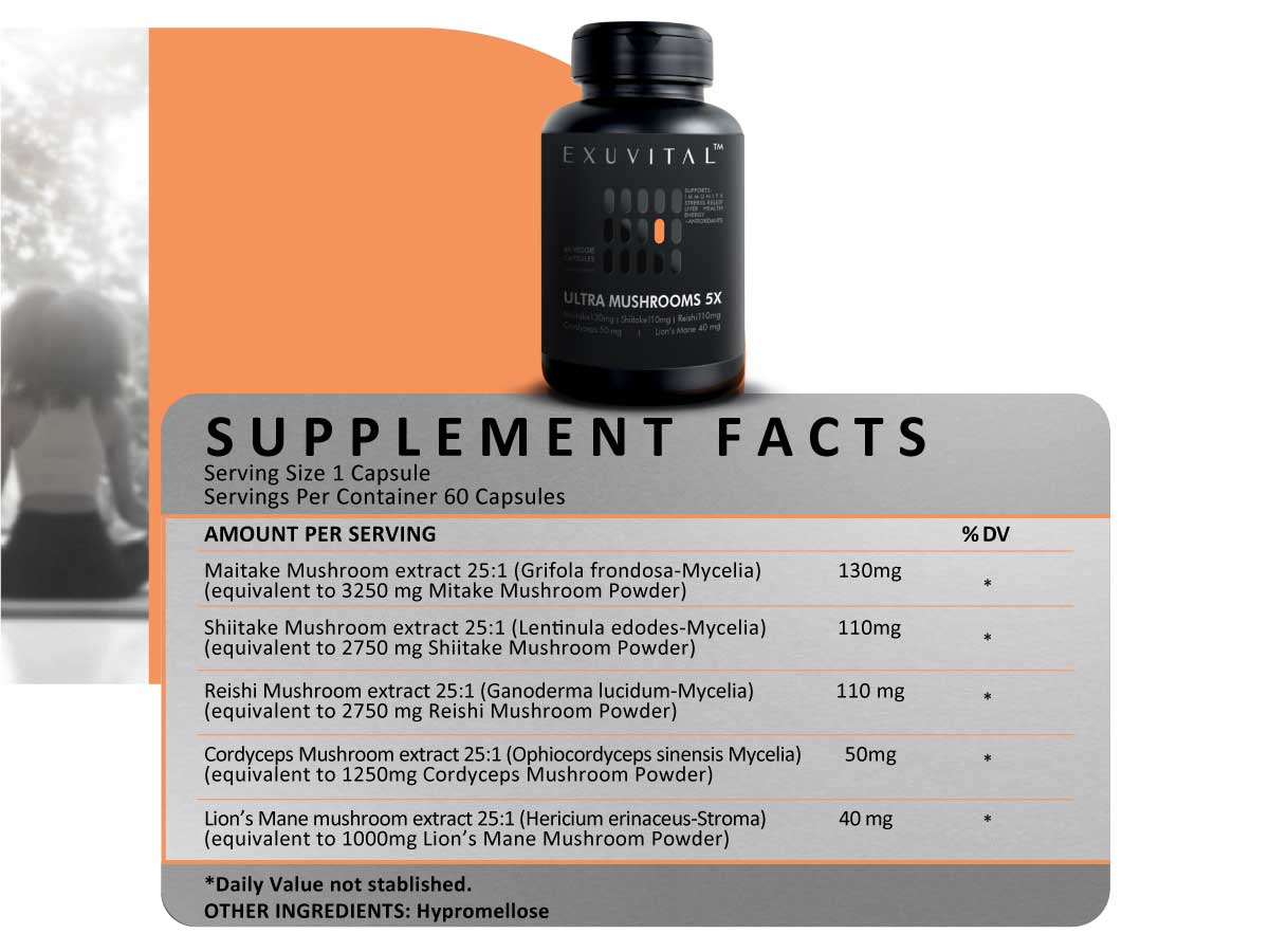 Ultra Mushrooms dietary supplement supplement facts with serving size and ingredient details.