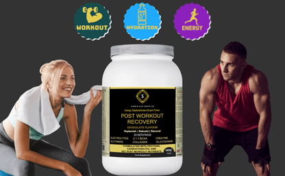 POST Workout Recovery supplement in chocolate flavor with electrolytes and proteins, ideal for post-workout recovery.