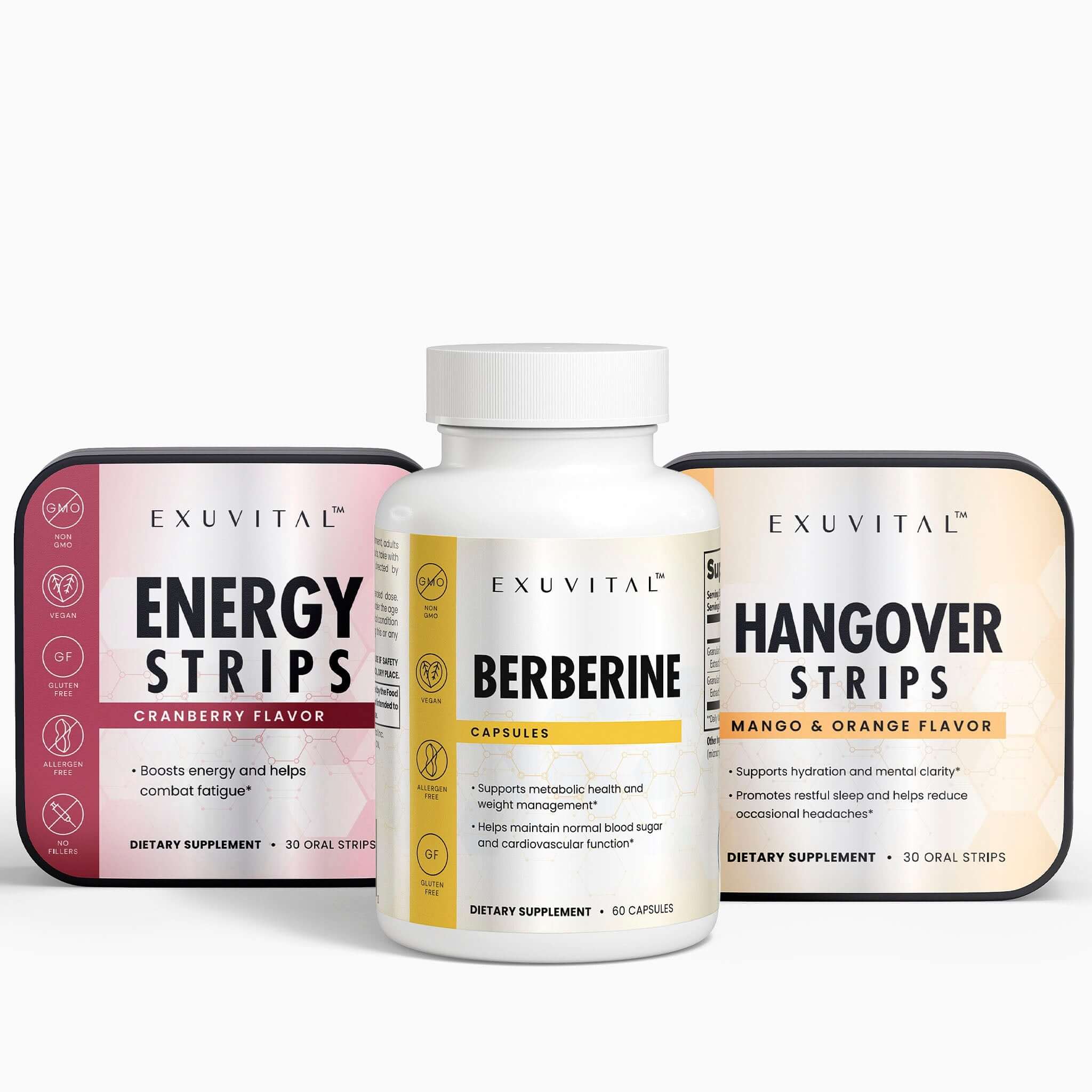 Dietary supplements for an active lifestyle dietary supplement including Energy Strips, Berberine, and Hangover Strips.