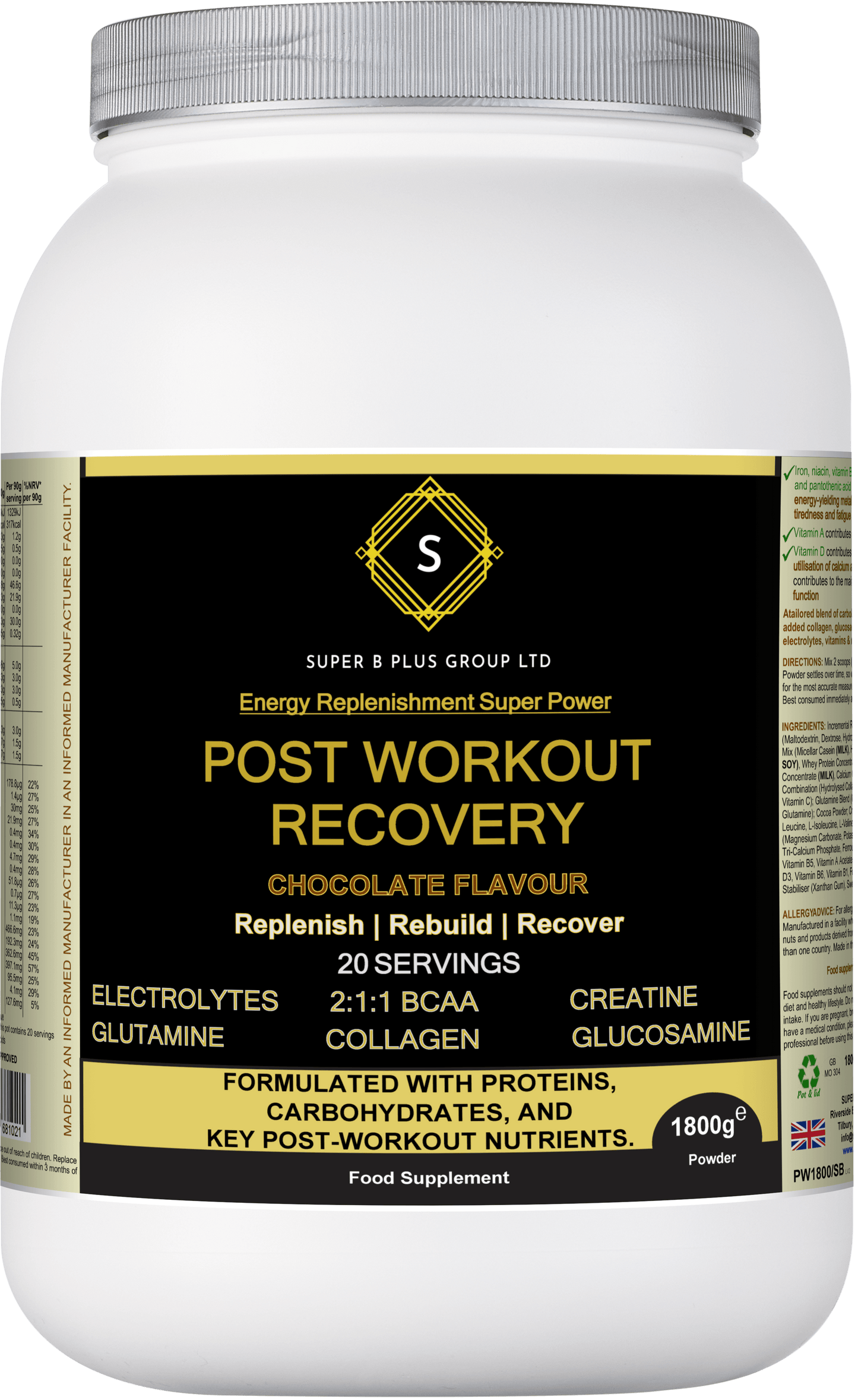 POST Workout Recovery supplement in chocolate flavor for replenishment and recovery after exercise.