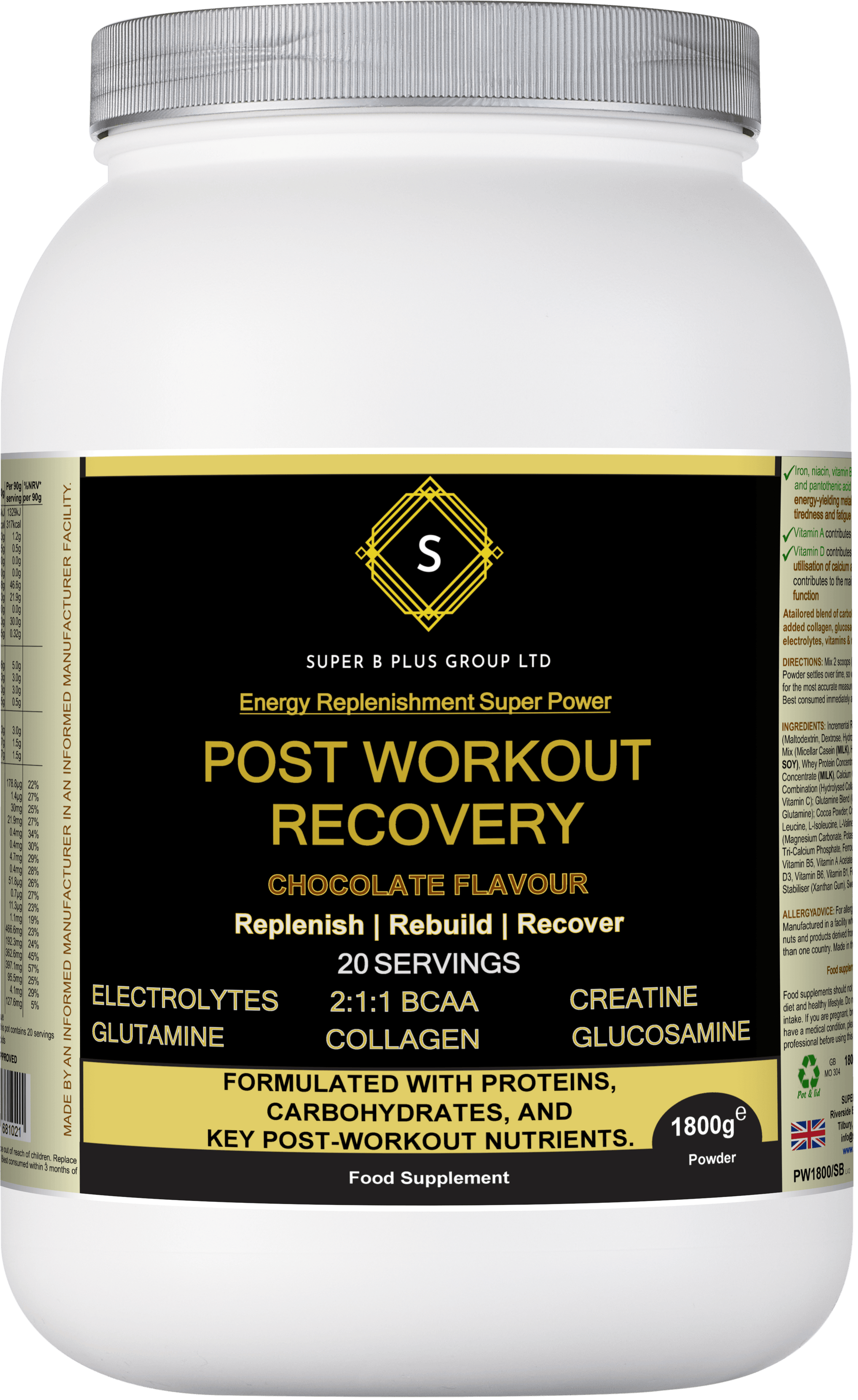 POST Workout Recovery supplement in chocolate flavor for replenishment and recovery after exercise.