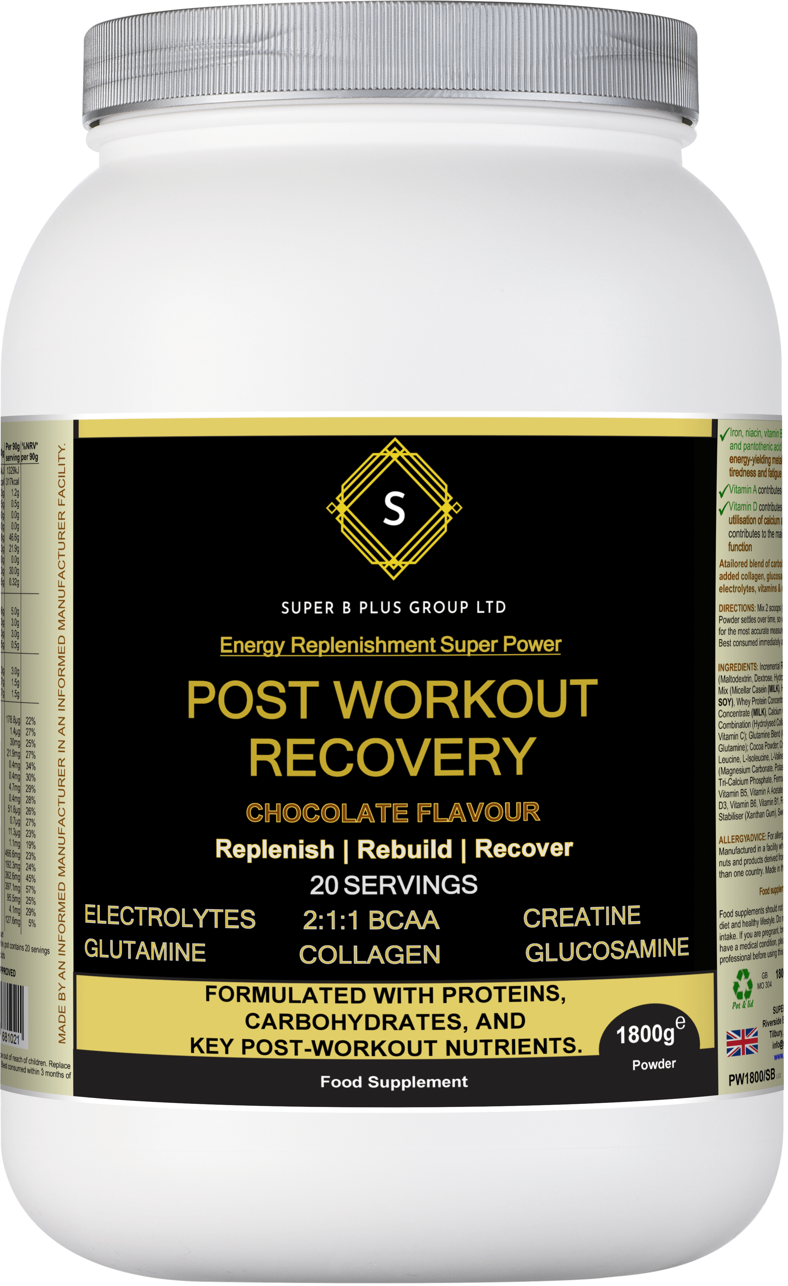 POST Workout Recovery supplement in chocolate flavor for replenishment and recovery after exercise.