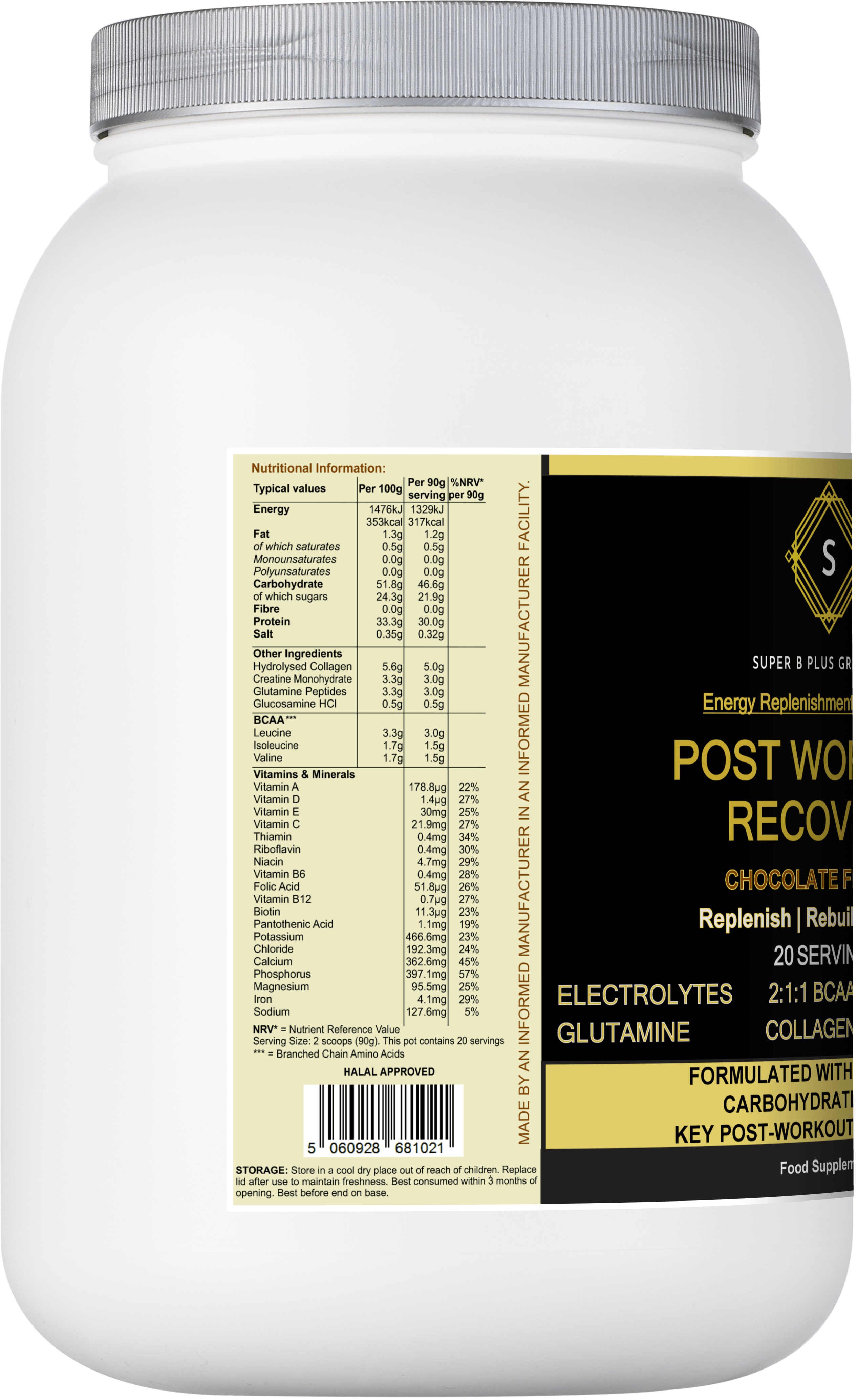 POST Workout Recovery supplement container with nutritional information and serving details.