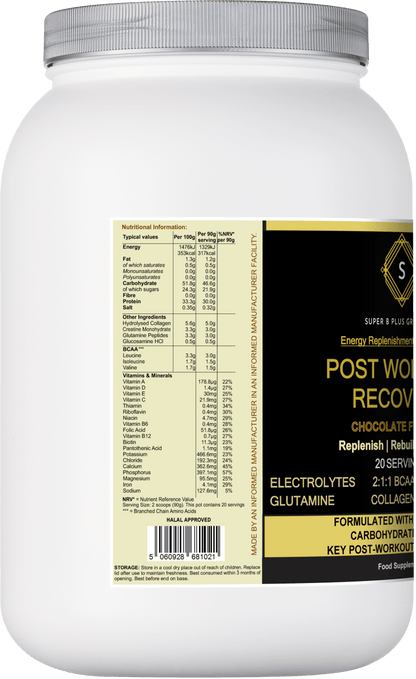 POST Workout Recovery supplement container with nutritional information and serving details.