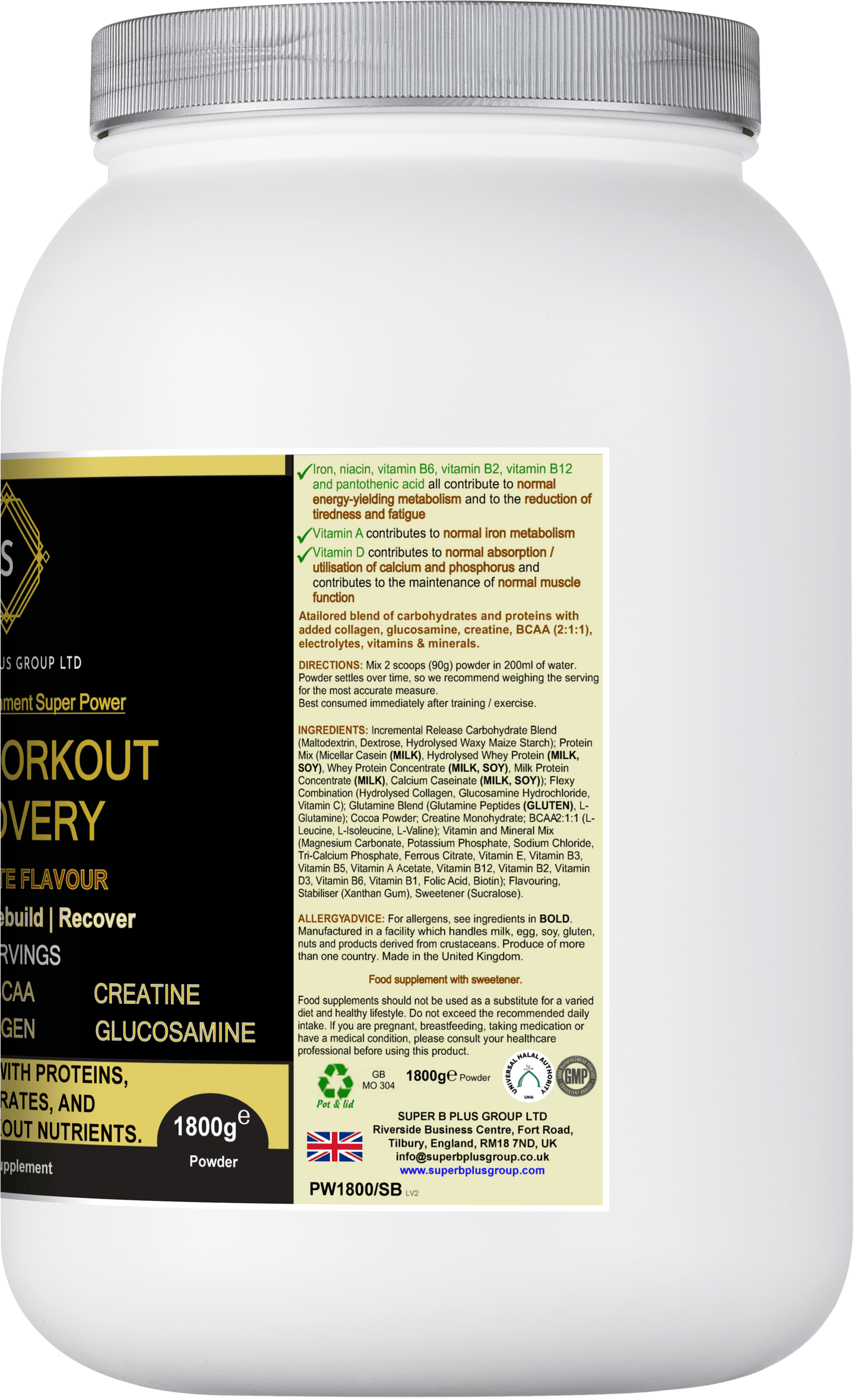 POST Workout Recovery supplement container with detailed nutritional information and ingredients for post workout support.