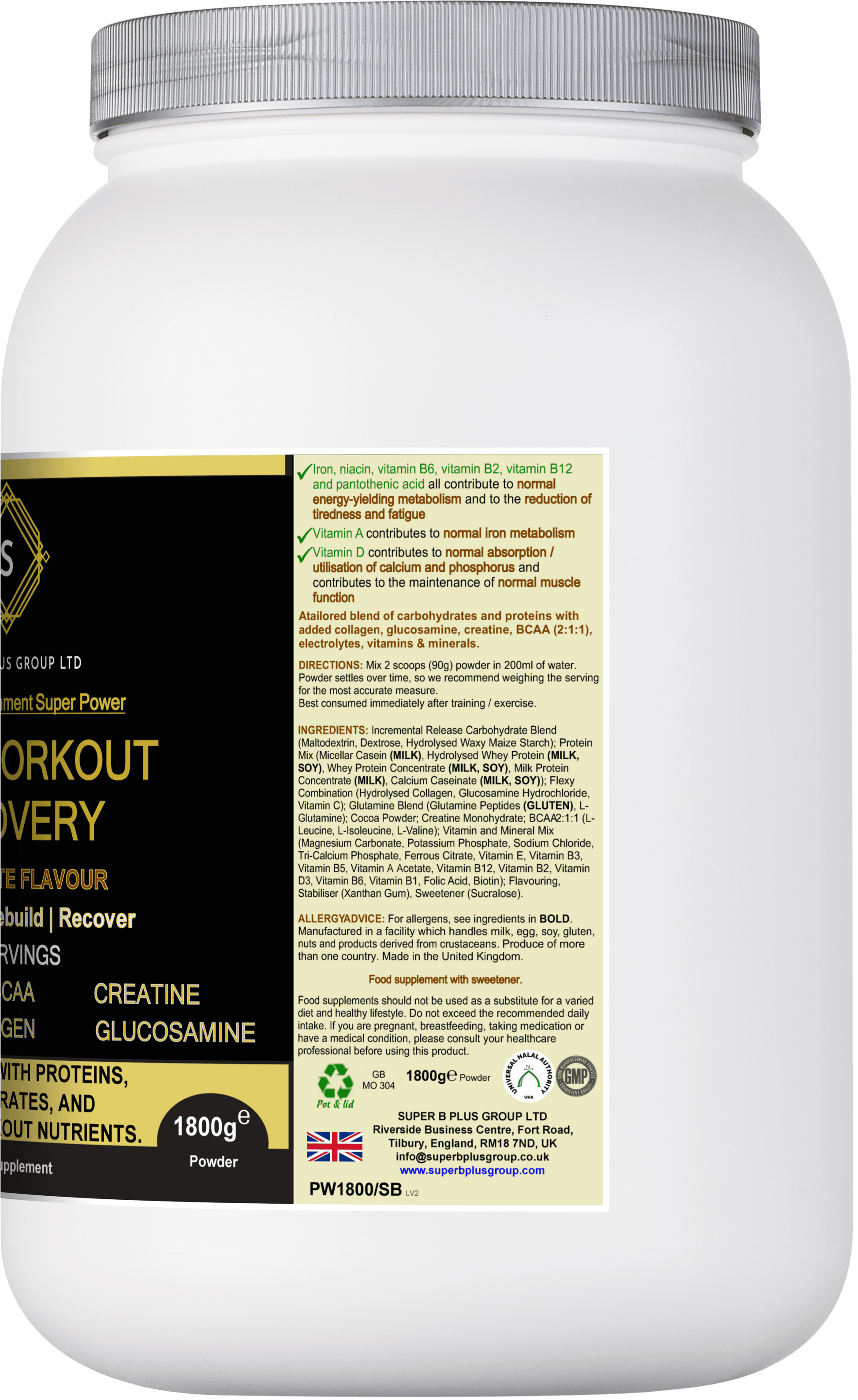 POST Workout Recovery supplement container with detailed nutritional information and ingredients for post workout support.