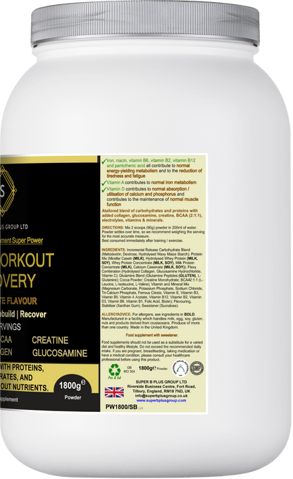 POST Workout Recovery supplement container with detailed nutritional information and ingredients for post workout support.