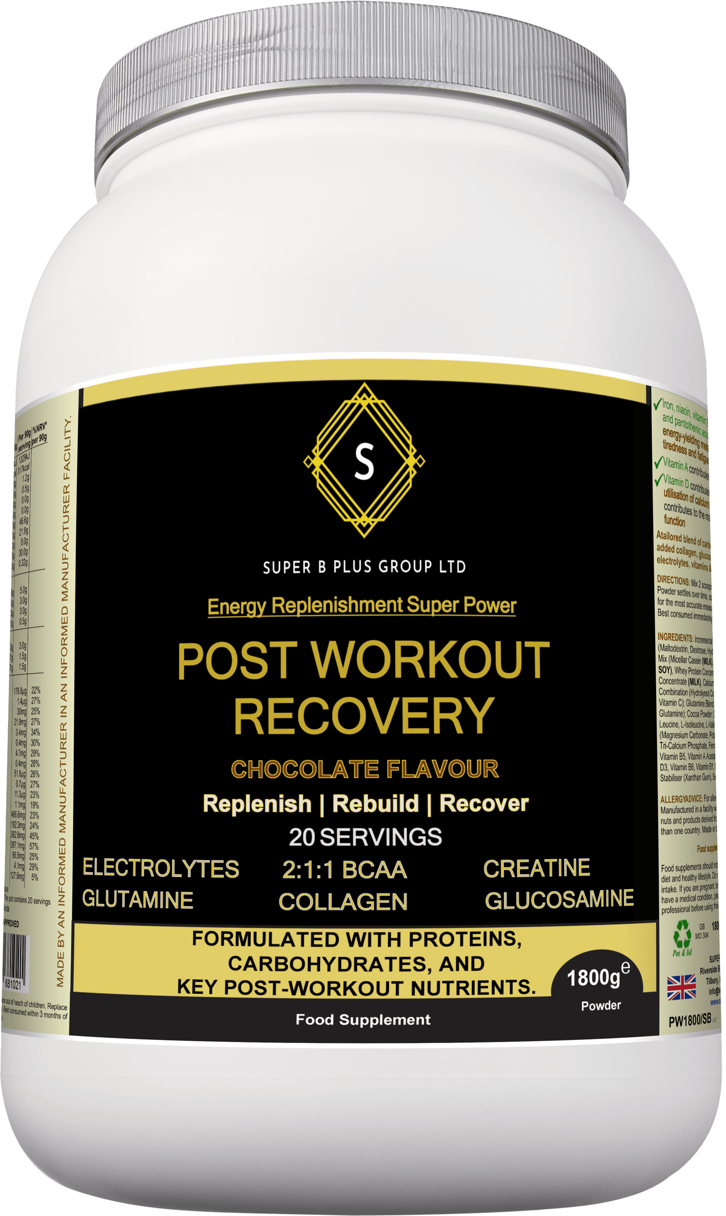 POST Workout Recovery supplement in chocolate flavor for replenishing and rebuilding post-workout nutrients.